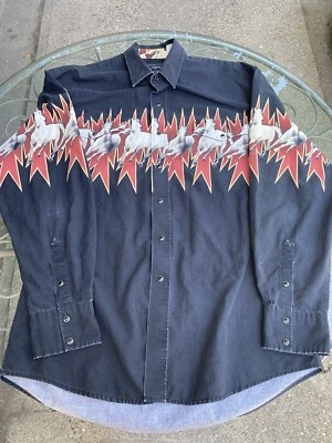 Camisa De Colección Roper Para Hombres Grande L Negra Roja Caballos Perla A Presión Vaquero Occidental Foto 1 de 4