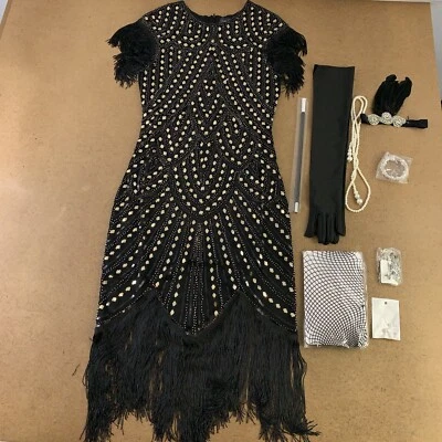 Women's Small Black & Gold Sequin Fringe Flapper Dress & Accessory Set 9 Pieces - Image 1 of 4