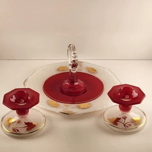 Indiana Glass Moderno Hoja de Oro Bandeja 2 Palitos de Velas Rojo Blanco Reverso - Imagen 1 de 12
