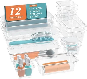 12-Piece Drawer Organizer Set, 4 Sizes Clear Plastic Makeup Vanity Organizer - Picture 1 of 8