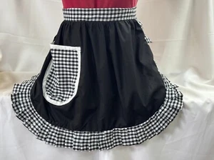 RETRO VINTAGE 50s STYLE HALF APRON / PINNY - BLACK with GINGHAM TRIM - Picture 1 of 5