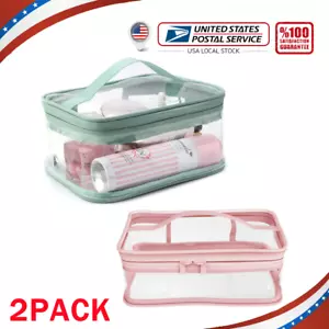 2PCS LARGE CLEAR ZIPPERED COSMETIC VINYL PLASTIC MAKE-UP BAG POUCH STORAGE CASE - Picture 1 of 9