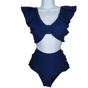 Peddney Navy Blue 2Pc Bathing Suit Womens S Ruffle Top High Waist Swimwear Beach - Picture 1 of 13