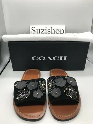 Coach Slide Rosa Remache Negro Gamuza Talla 5B Negro Marrón Flor Sandalia Plana Caja Foto 1 de 4