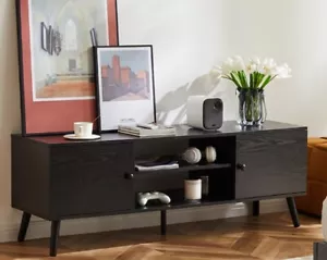 Mid Century Modern TV Stand Retro Black Wood Media Center Console Storage Unit - Picture 1 of 9