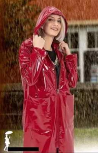 Women Red PVC Vinyl Trench Sexy Jacket Hoodie Long Coat Zip Raincoat Waterproof - Picture 1 of 3