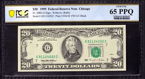 1995 $20 FEDERAL RESERVE NOTE CHICAGO FR.2082-G GC BLOCK PCGS B GEM UNC 65 PPQ - Picture 1 of 3