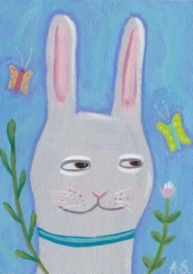 Gray Rabbit and Butterflies Original Painting ACEO Whimsical Folk Art SFstudio - Picture 1 of 3