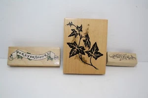 Vintage Wood Back Rubber Stamps Lot of 3 Ivy - Picture 1 of 2