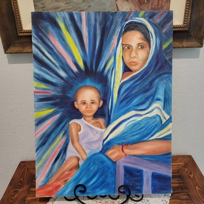 Madonna Mother and Child Colorful Acrylic painting on canvas large original - Image 1 of 4