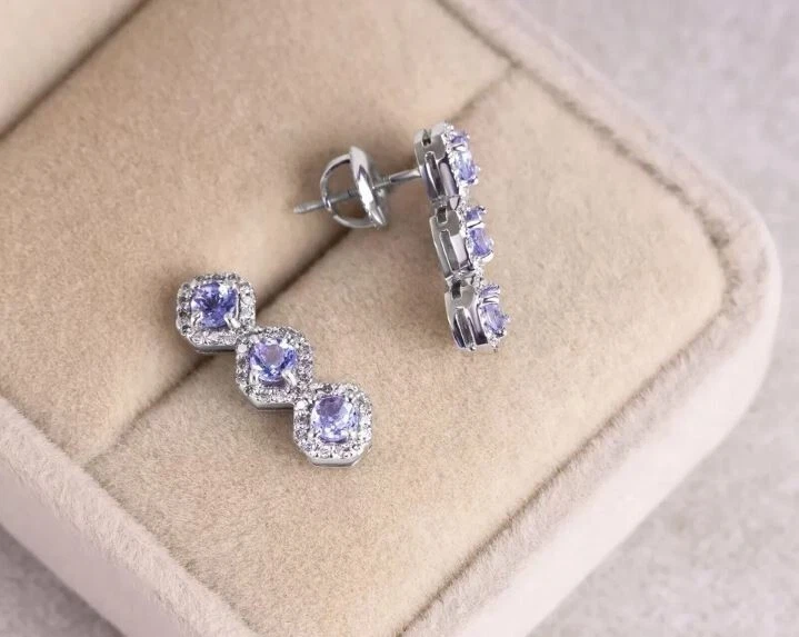 Brincos de gota bonita azul tanzanita simulada corte redondo folheados a ouro branco 14k - Imagem 1 de 4