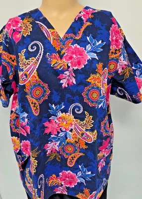 Butter-Soft 2X Navy Paisley Pink Scrub Top Pockets Cotton Blend - Image 1 of 3