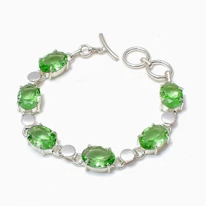 Green Peridot Gemstone Handmade 925 Sterling Silver Jewelry Bracelet Size-7-8" - Picture 1 of 6