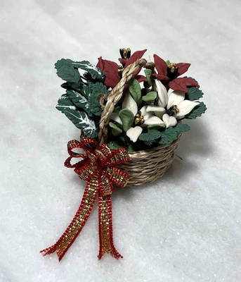 Artisan Made Clay Poinsettia Christmas Plant In Basket Dollhouse Miniature 1:12 - Image 1 of 4