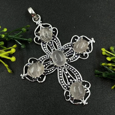 Colgante Cruz Plata de Ley 925 Cuarzo Rosa Piedras Preciosas Joyería Foto 1 de 4