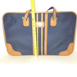 Vintage Skyway Soft Suitcase Travel Bag Blue Canvas Brown Leather 22"X14"X7.5" - Picture 1 of 11