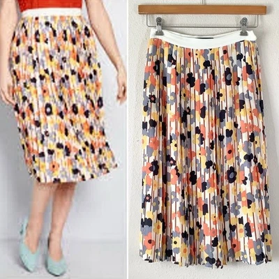 MODCLOTH Accordion Pleat Midi Skirt Mod Floral Preppy Retro Office Work Size S - Image 1 of 4