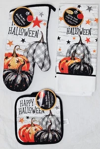 Happy Halloween Set 4. 2 Topflappen 1 Ofenhandschuh 1 Handtuch Kürbisse 100% Baumwolle  - Bild 1 von 2