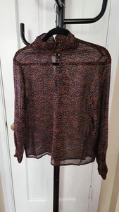 NWT TheKorner Printed Keyhole Blouse Brown Women's S - Picture 1 of 11