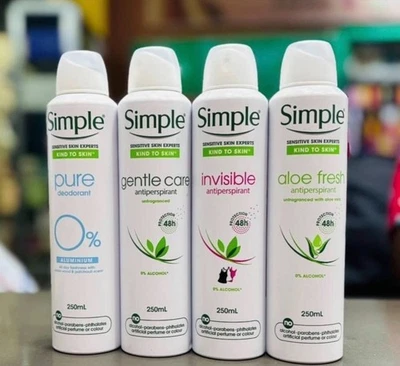 6x 250ml SIMPLE Anti-Perspirant Deodorant body Spray PURE, INVISIBLE, ALOE GENTL - Image 1 of 4