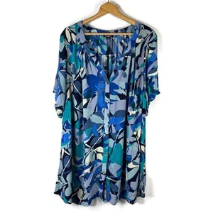 Roaman's Womens Button Up Tunic Top Size 2X Blue Floral V-Neck Short Sleeve - Picture 1 of 12