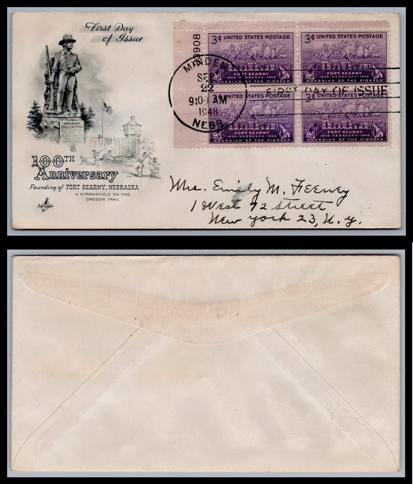 US FDC # 970 3c Fort Kearney  Plate Block ArtCraft  1948, 9Q665 - Image 1 of 1