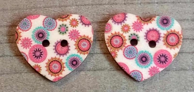 2 Floral Heart Sewing Buttons Crafting Wood 2 Hole 1"  - Image 1 of 2