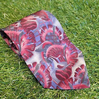 Corbata Geoffrey Beene 100% Seda Floral Rojo Gris Hecha a Mano en Italia Foto 1 de 4