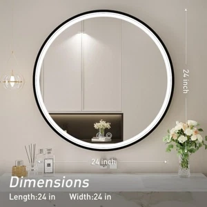 LED Smart Mirror with Lights, Anti Fog, Dimmable, Black Metal Frame 24" Round - Picture 1 of 15