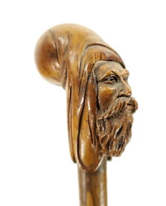 Antique Hand Carved Walking Stick Cane Magician Merlin Old Wise Man Glass Eyes - Picture 1 of 9