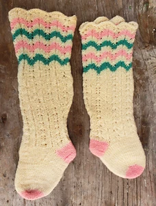 Antique 1900 Socks WOOL HandMade CROCHET Knit CHILD Stockings CREAM 10” AMISH #2 - Picture 1 of 19