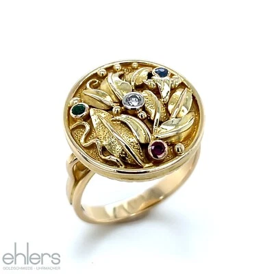 Damenring Edelsteine Gold 585 Gelbgold 14kt Brillant Fingerring Blumenbeet 1592 - Bild 1 von 4