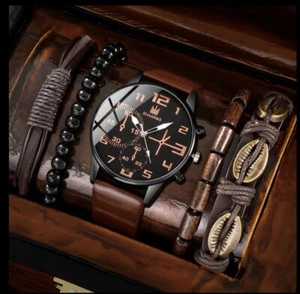 5pc Retro Men Quartz Watch and Fashion Bracelet Gift Set Holiday Gift New Brown - Picture 1 of 5