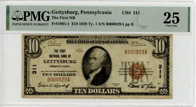 1929 Type 1 $10 Gettysburg, PA Gettysburg NB CH#611 PMG30 - Image 1 of 2