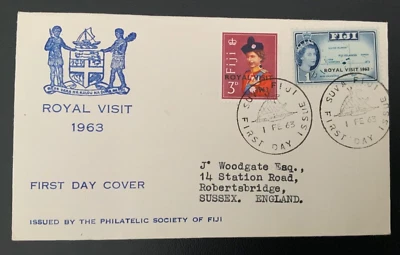 FIJI 1963 КОРОЛЕВСКИЙ ВИЗИТ ПЕРВЫЙ ДЕНЬ ОБЛОЖКА В ВЕЛИКОБРИТАНИЮ ОТЛИЧНОЕ СОСТОЯНИЕ со вставкой - Изображение 1 из 2
