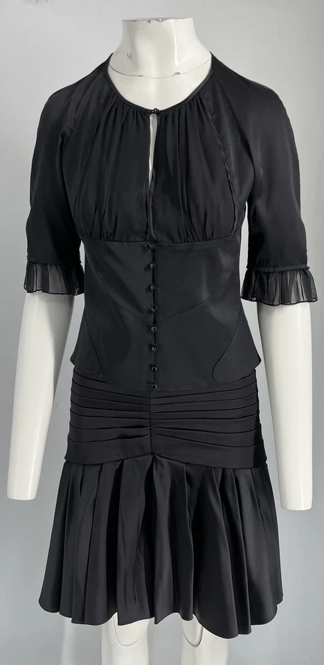 Zac Posen Black Silk 3/4 Sleeve Ruffle Hem Shirt+Pleated Skirt Set sz 6 - Image 1 of 4