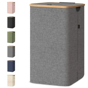 Laundry Hamper with Lid, Tall Laundry Baskets with Bamboo Pull Handles, Large... - Picture 1 of 8