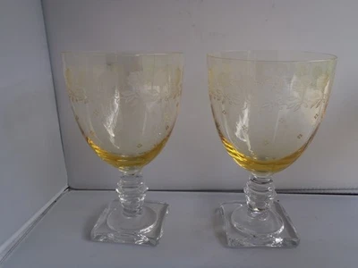 2 Vintage Fostoria Yellow Glass Garland Flowers Goblets 6" - Image 1 of 4