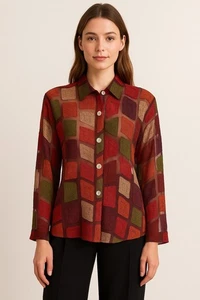 LisBETH Vintage 100% Silk Sheer Blouse Medium – Multicolor Geometric Embroidery, - Picture 1 of 8