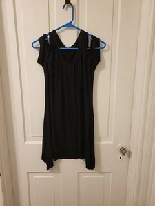 Little Black Shirt Dress Scallop Edge Hem Decorative Cut Sleeve Midi Womens XL - Picture 1 of 13