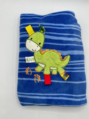 TAGGIES Blue Green Dinosaur Tracks Baby Blanket Stripes Lovey 30x40 Fleece 2014 - Image 1 of 4