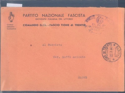 ITALIA SEGUNDA GUERRA MUNDIAL 1940 Fascit Party Trento cubierta usada  Foto 1 de 2