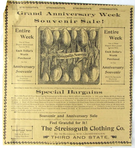 Vintage 1893 Streissguth Souvenir Silver Spoon Newspaper Print Ad Cover