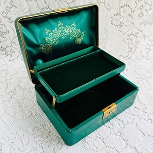 Vintage Jewelry Box Emerald Green Gold Details Green Velvet Interior Farrington - Picture 1 of 14