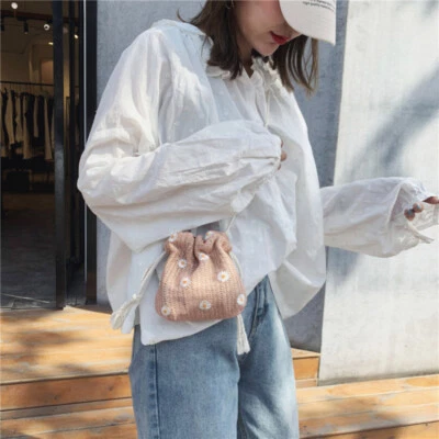 Mädchen Stroh Schultertasche Geblümt Bestickt Gewebt Einkaufstasche Eimer Tasche - Bild 1 von 4