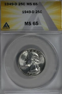 1949-D .25 ANACS MS 65 Washington Quarter, Silver 25 Cents (0.25) - Picture 1 of 2