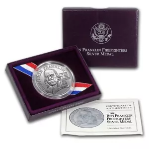 1992 P Ben Franklin Firefighters 1oz Silver Uncirculated Medal w/Box & COA🔥! - Picture 1 of 5