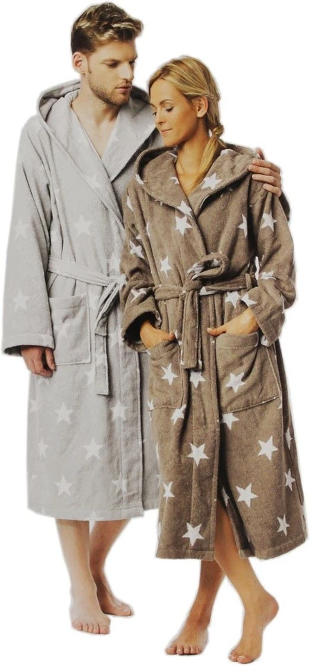  Bademantel mit Sternen, Kapuze Sauna in taupe oder grau Sterne Größe S M L XL - Bild 1 von 1