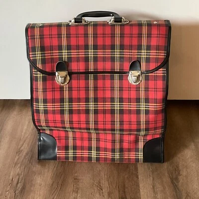 VTG Suitcase Tote Bag MCM Foldable Red Tartan Plaid Handle Luggage Travel **READ - Image 1 of 4