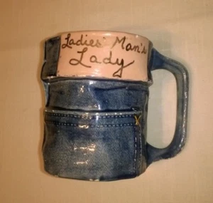 Handmade Ceramic Mug "Ladies' Man's Lady" Pants Lover Art Pottery 1988 Signed - Picture 1 of 12